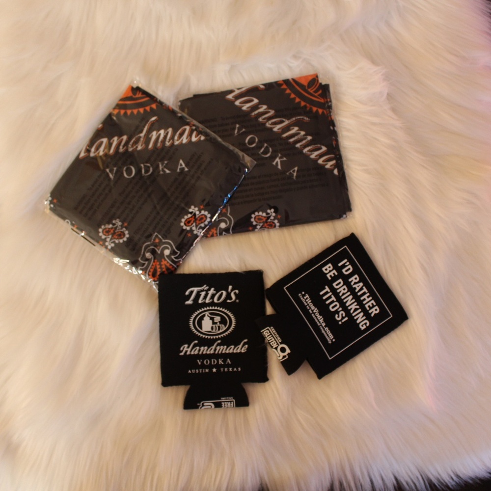 Tito's, 2  black- orange Handmade Vodka  Bandana Handkerchief & 2 Koozies  NEW